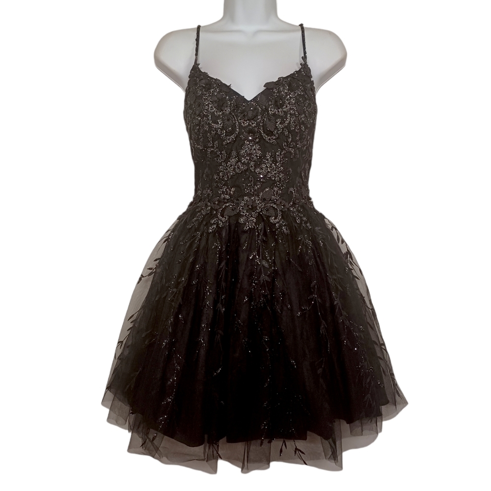 DANCING QUEEN Black Floral Crystal Beaded Sleeveless Tutu Fit Flare Party Dress